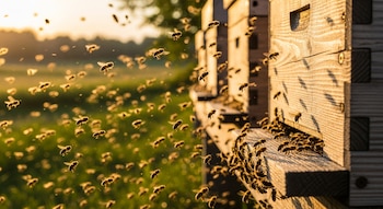 Muchas abejas vuelan y se agrupan en la entrada de una colmena de madera. El sol de la tarde ilumina la escena sobre un fondo verde.