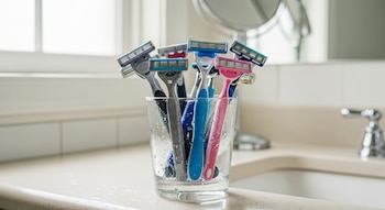 Un vaso transparente lleno de rastrillos de afeitar de diferentes colores y tamaños con gotas de agua, sobre un mostrador claro en un baño con luz natural.
