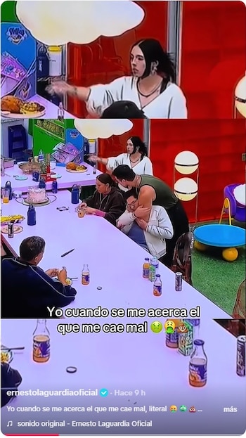 Captura de pantalla. Mujer con brazo extendido. Personas en mesa con botellas y pastel; un hombre abraza a otro. Texto y interfaz de red social