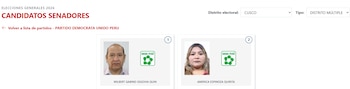 Sitio web de elecciones 2026. Muestra a los candidatos Wilbert Gabino Segovia Quin y America Espinoza Quirita de Unido Perú al Senado por Cusco