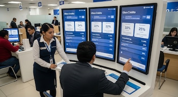 Um homem apontando para uma tela digital no banco; ele é assistido por um bancário; três telas com ofertas de crédito; outras pessoas empregadas ou cuidadas.
