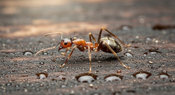 Primer plano macro de una hormiga asiática de aguijón de color marrón rojizo sobre una superficie de madera oscura cubierta de gotas de agua, con fondo desenfocado.