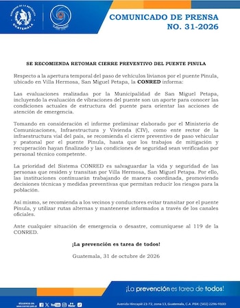 Documento oficial con membrete institucional y un texto titulado Comunicado de prensa sobre el cierre preventivo del puente Pinula en Guatemala