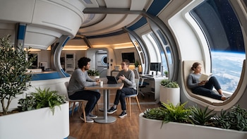 Tres personas dentro de un interior futurista con ventanales que muestran la Tierra y el espacio. Muebles, plantas, mesas y equipos informáticos