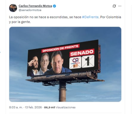 Con este tipo de vallas en la campaña al senado, el congresista Carlos Fernando Motoa también impulsó la aspiración de Abelardo de la Espriella - crédito @senadormotoa/X