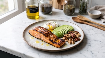 Filete de salmón, aguacate laminado, huevo poché y nueces en un plato cerámico sobre una superficie de mármol blanco.