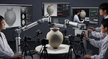 Cuatro investigadores en batas blancas trabajan con brazos robóticos, cámaras DSLR y monitores que muestran modelos 3D de una vasija de cerámica japonesa.