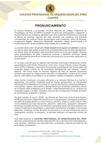 Comunicado del Colegio Profesional de Arqueólogos del Perú