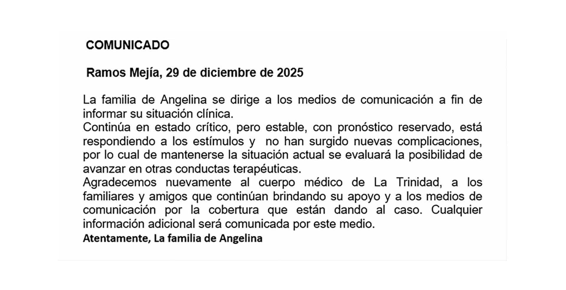 El comunicado de la familia
