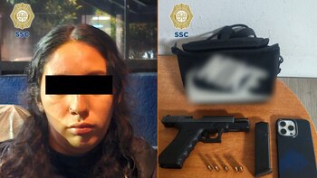 Una imagen dividida muestra a una mujer con el rostro cubierto y, a la derecha, una pistola negra, un cargador, cuatro balas, un teléfono celular y un bolso