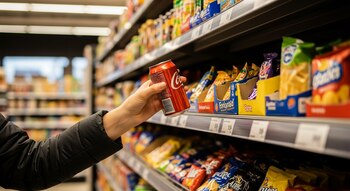 Primer plano de una mano tomando una lata roja de refresco de un estante en un supermercado, con otros dulces y snacks visibles.