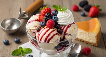 Helado de cheesecake de frutos rojos en un bol de cristal, decorado con bayas mixtas, crema batida y sirope, junto a una porción de tarta de queso sobre madera.