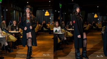 Imagen dividida que muestra a una modelo joven con sombrero, abrigo, top colorido y botas altas, desfilando en un evento de moda nocturno.