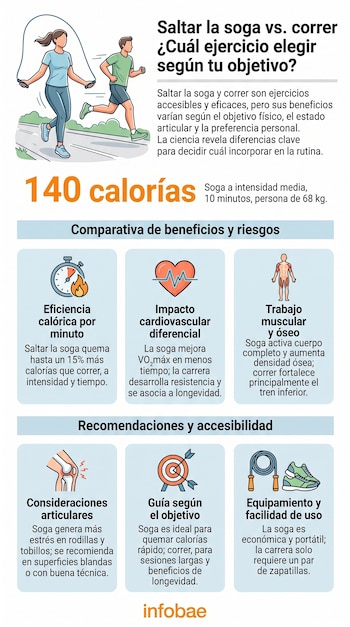 Infografía comparativa con ilustraciones de una mujer saltando la soga, un hombre corriendo, números, texto e íconos diversos.