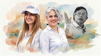 Ilustración en acuarela de tres figuras políticas: Paloma Valencia con gorra, María José Pizarro y Gustavo Petro en escala de grises.