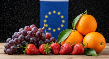Un racimo de uvas, fresas y naranjas con gotas de agua sobre una superficie de madera, frente a una bandera difuminada de la Unión Europea bajo llovizna.