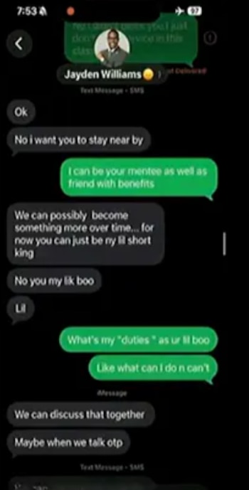Captura de pantalla de una conversación de mensajes de texto en un teléfono móvil con el contacto Jayden Williams