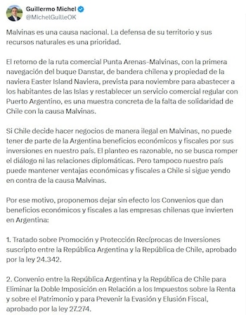 El diputado Guillermo Michel propone dejar sin efecto los convenios que dan beneficios económicos y fiscales a las empresas chilenas que invierten en Argentina