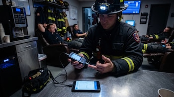 Primer plano de un bombero con casco y uniforme realizando una prueba de melatonina portátil con un lector y su teléfono. Otros bomberos en el fondo.