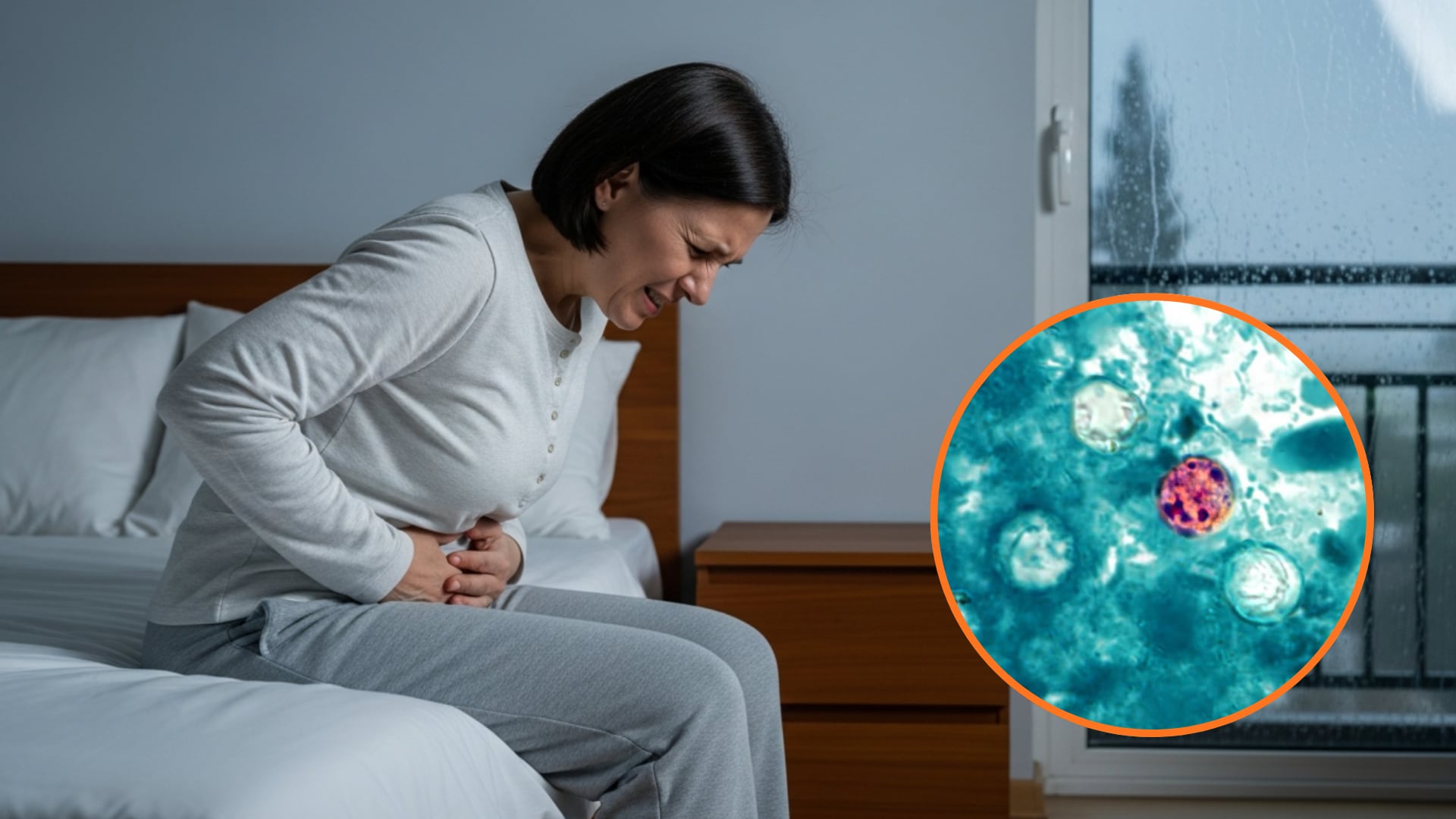 El dolor abdominal es uno de los síntomas frecuentes de la ciclosporosis, junto con la diarrea acuosa y las náuseas. (Montaje Infobae)