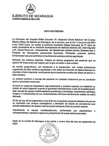 El comunicado del Ejército nicaragüense sobre la salud de Humberto Ortega