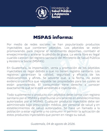 Documento oficial del Gobierno de Guatemala, Ministerio de Salud Pública y Asistencia Social, con texto sobre productos inyectables con péptidos sin registro sanitario