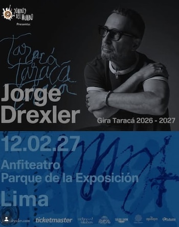 Cartel promocional del concierto de Jorge Drexler, mostrando su retrato en blanco y negro y detalles del evento en azul