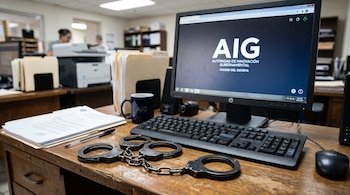 Esposas de metal sobre un escritorio de madera junto a un teclado, un ratón, documentos y un monitor con las siglas AIG.