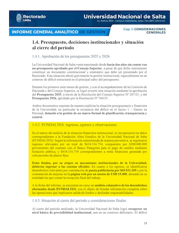 Página de informe de gestión de la UNSa con encabezado azul. Texto sobre presupuesto y sección amarilla destacando irregularidades financieras de FUNDALTES