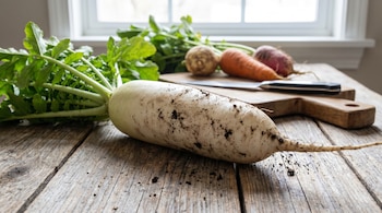 Rábano Daikon grande y blanco con hojas verdes y restos de tierra sobre una mesa de madera. En el fondo, zanahoria, remolacha y cuchillo junto a una ventana.