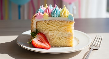 Una rebanada de pastel tres leches con betún de colores pastel, coco tostado en los lados y una fresa partida sobre un plato blanco junto a un tenedor.