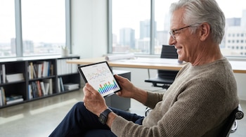 Hombre mayor con cabello gris y gafas sonríe mientras mira una tablet con gráficos. Lleva un reloj inteligente en la muñeca. Al fondo, una oficina luminosa.