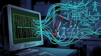 Ilustración con un monitor antiguo con el logotipo de OpenAI, del cual salen cables luminosos hacia un brazo robótico y un mapa de infraestructura.