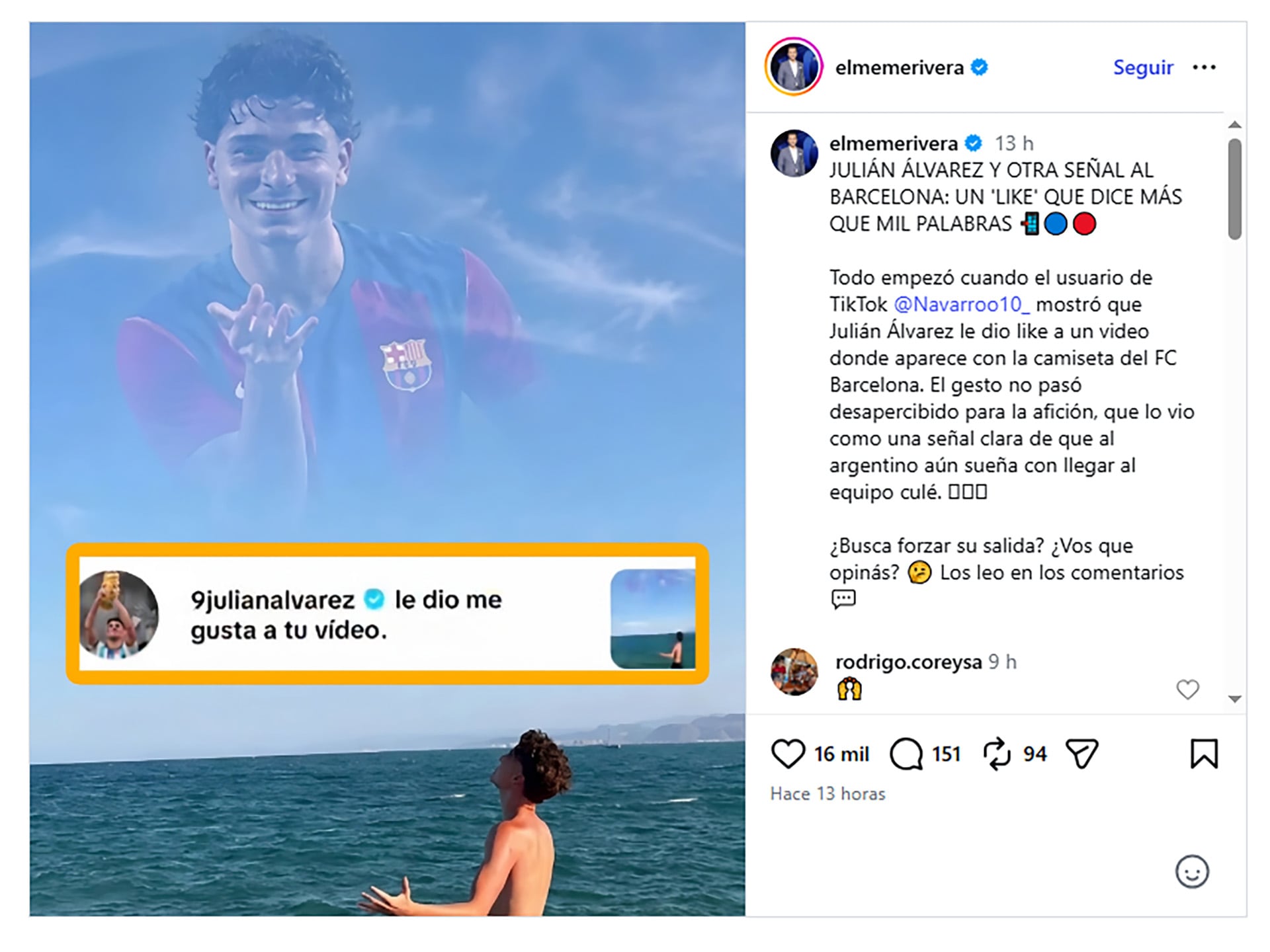 Una publicación de Instagram reporta la interacción de Julián Álvarez con un fotomontaje que lo viste con la camiseta del FC Barcelona.
