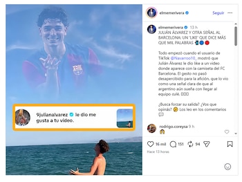 Captura de pantalla de Instagram con una notificación de me gusta de 9julianalvarez y un montaje de un futbolista en el cielo
