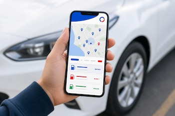 Una mano sostiene un teléfono inteligente con un mapa y ubicaciones de grifos frente a un automóvil blanco.