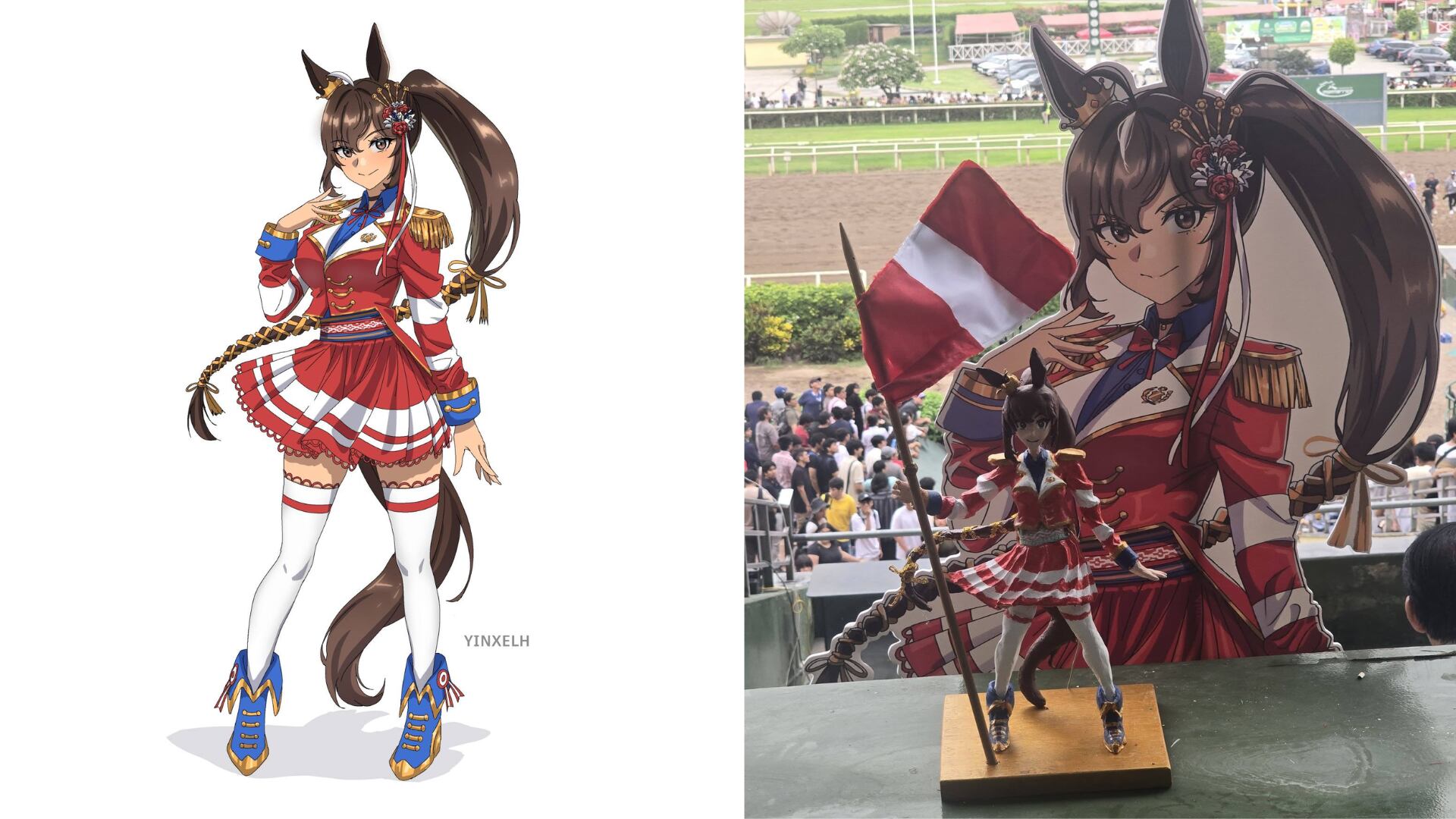 Una figura y un recorte a tamaño real de un personaje de Uma Musume animan la primera carrera