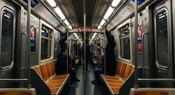 Vista interior de un vagón de metro con asientos naranja y gris ocupados por pasajeros sentados y de pie, con el logo SEPTA visible.