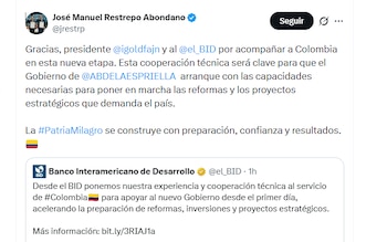 El vicepresidente electo José Manuel Restrepo Abondano agradeció al BID por el apoyo que dará al Gobierno de Abelardo de la Espriella - crédito @jrestrp/X