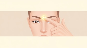 Un rostro humano con un dedo índice presionando suavemente el punto entre las cejas, marcado por un círculo dorado brillante sobre la piel.