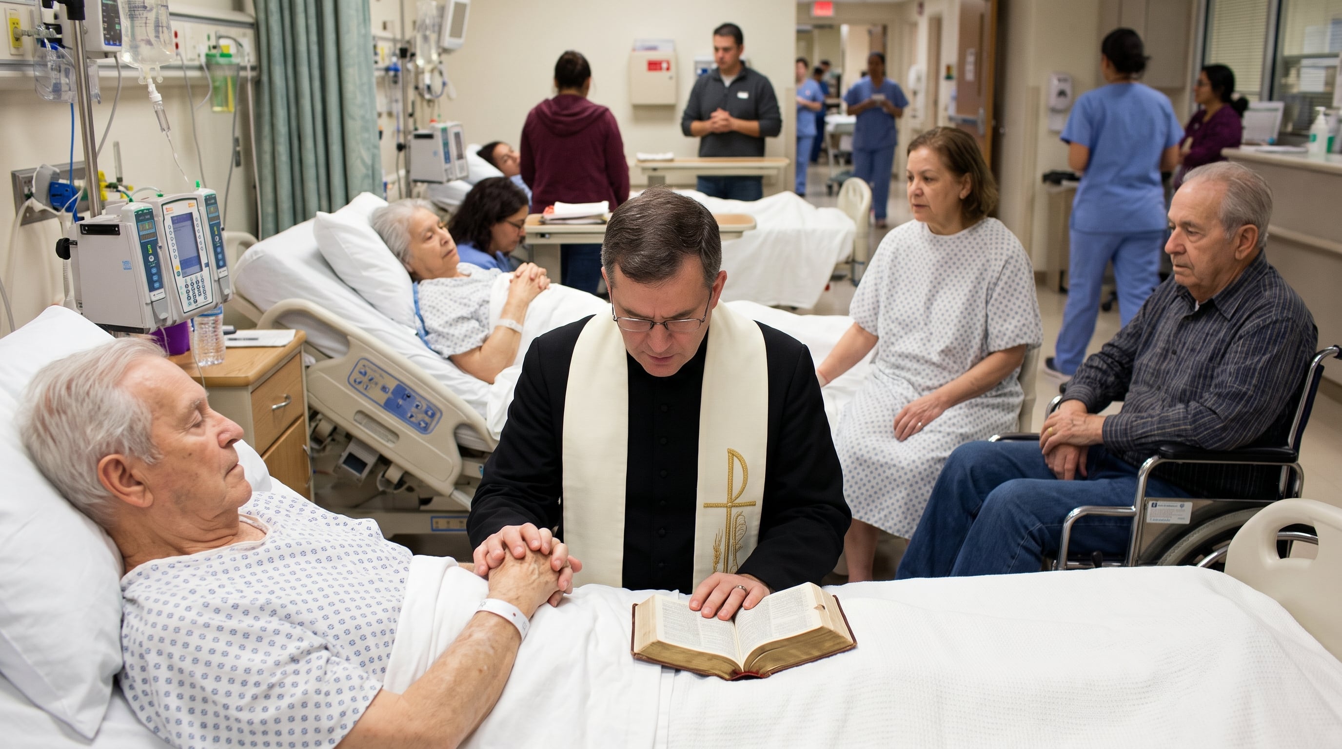 Un sacerdote reza por un paciente en su cama de hospital mientras familiares y otros enfermos presencian la escena en una sala compartida del centro médico. (Imagen Ilustrativa Infobae)