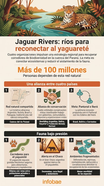 Ilustración de un yaguareté junto a un río sobre una infografía con esquemas, mapas, íconos y texto informativo con el logotipo de Infobae.