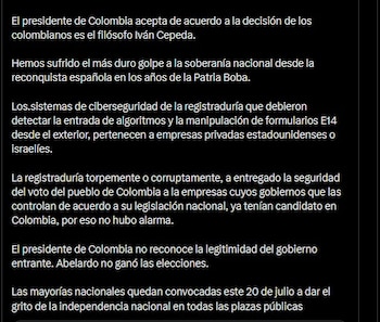 La colectividad calificó de “graves e irresponsables” las afirmaciones del mandatario sobre los resultados de la segunda vuelta presidencial-crédito @petrogustavo/X