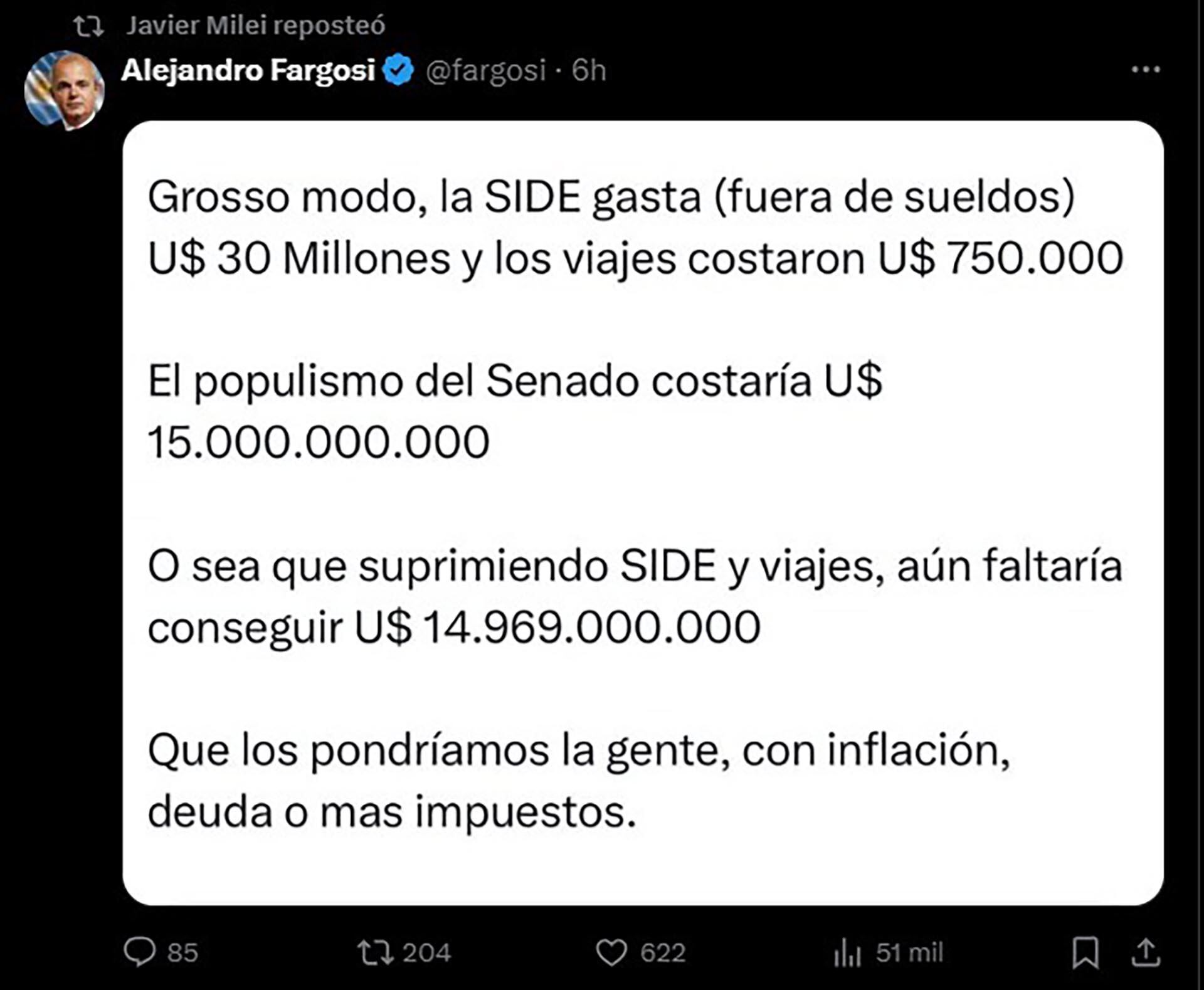 Fargosi publicó una crítica al “populismo del Senado” y fue contra Villarruel, que había dicho que con las partidas asignadas a la SIDE se podía ajustar las jubilaciones.