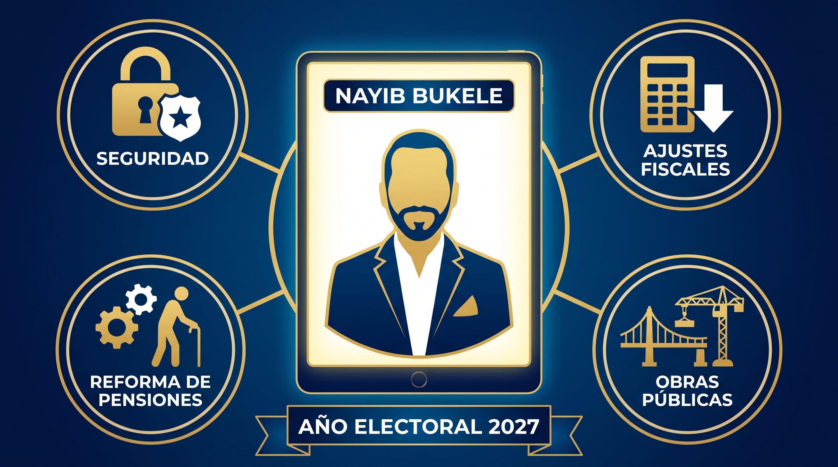 Infografía conceptual que ilustra las principales prioridades del gobierno de Nayib Bukele hacia el año electoral 2027, incluyendo seguridad, ajustes fiscales, reforma de pensiones y obras públicas. (Imagen Ilustrativa Infobae)