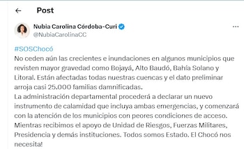 Gobernadora del Chocó habló de las fuertes lluvias en el departamento que lidera - crédito @NubiaCarolinaCC