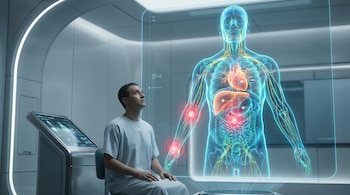 Hombre sentado en bata de hospital observando una proyección holográfica tridimensional de un cuerpo humano con órganos y nervios resaltados en una sala futurista.
