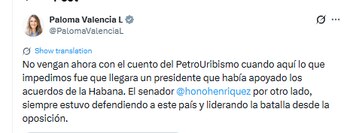 Paloma Valencia aclaró las razones por las que el Centro Democrático votó por Honorio Henríquez - crédito @PalomaValenciaL/X