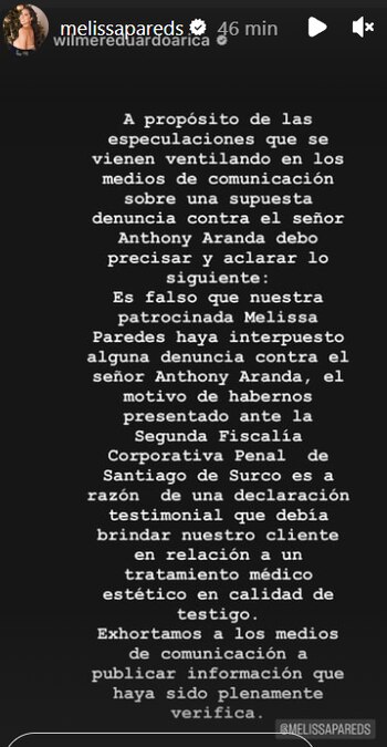 Melissa Paredes comparte publicación de