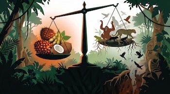 Balanza de equilibrio en una selva. Plato izquierdo: frutos de palma, vainas de soja, cocos. Plato derecho: orangután, leopardo, rana, dos nutrias, aves volando, raíces.